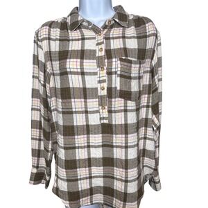 Anthropologie Womens Brown Pink Plaid Henley Button Down Shirt Sz XS Cottagecore